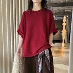 Round neck off shoulder oversized fleece T-shirt short sleeved loose fit top