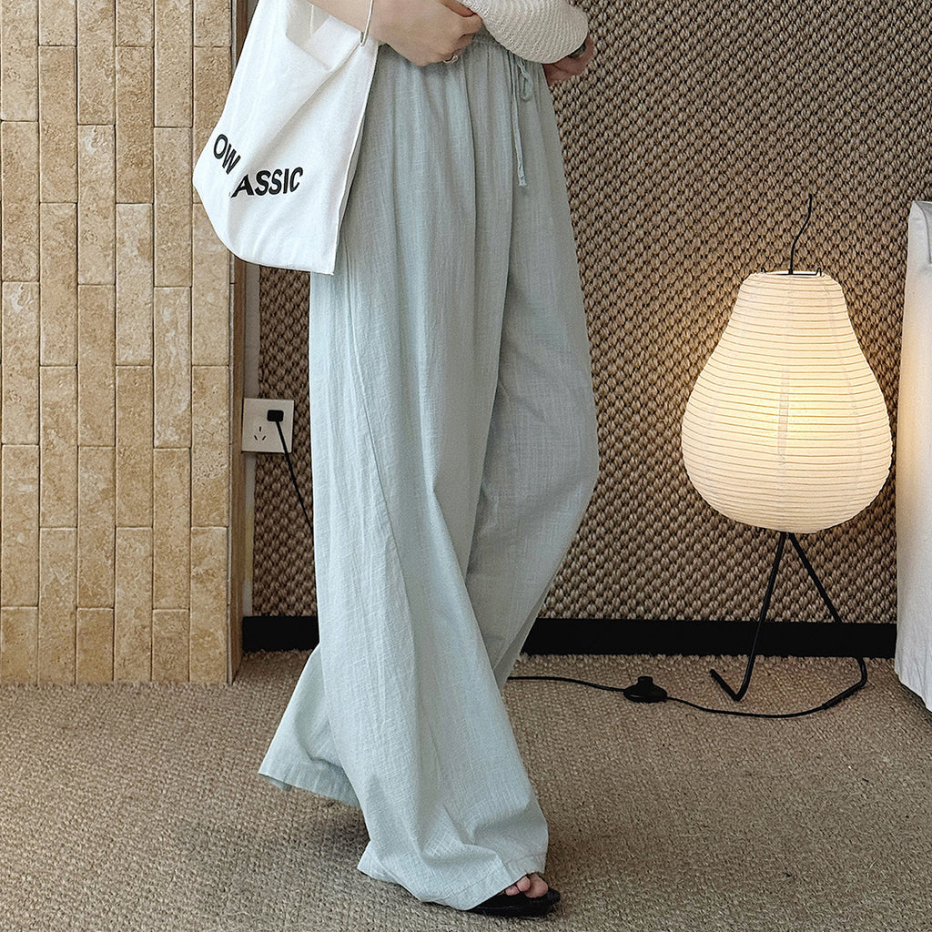 High Waist Cotton Linen Wide Leg Pants with Drawstring