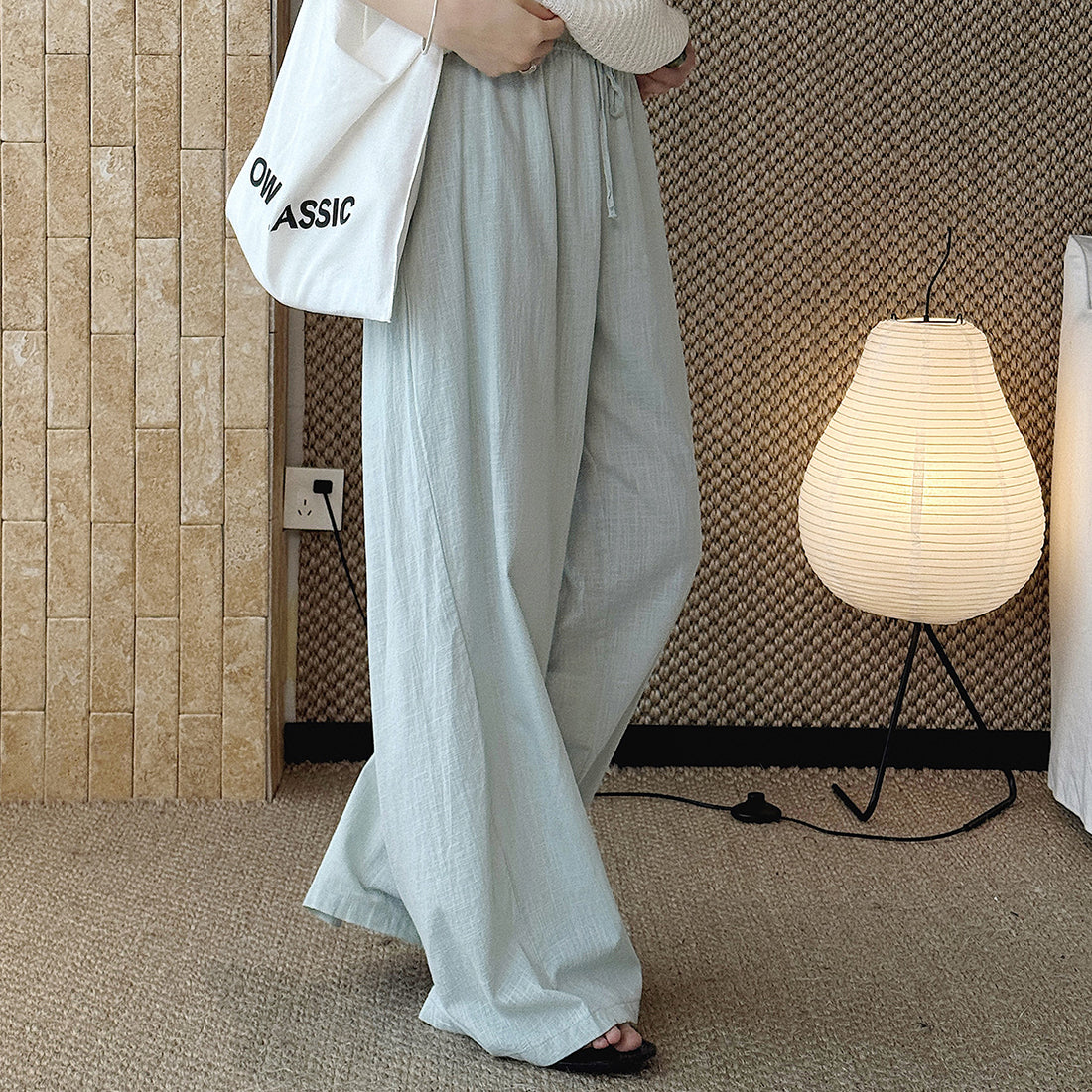 High Waist Cotton Linen Wide Leg Pants with Drawstring