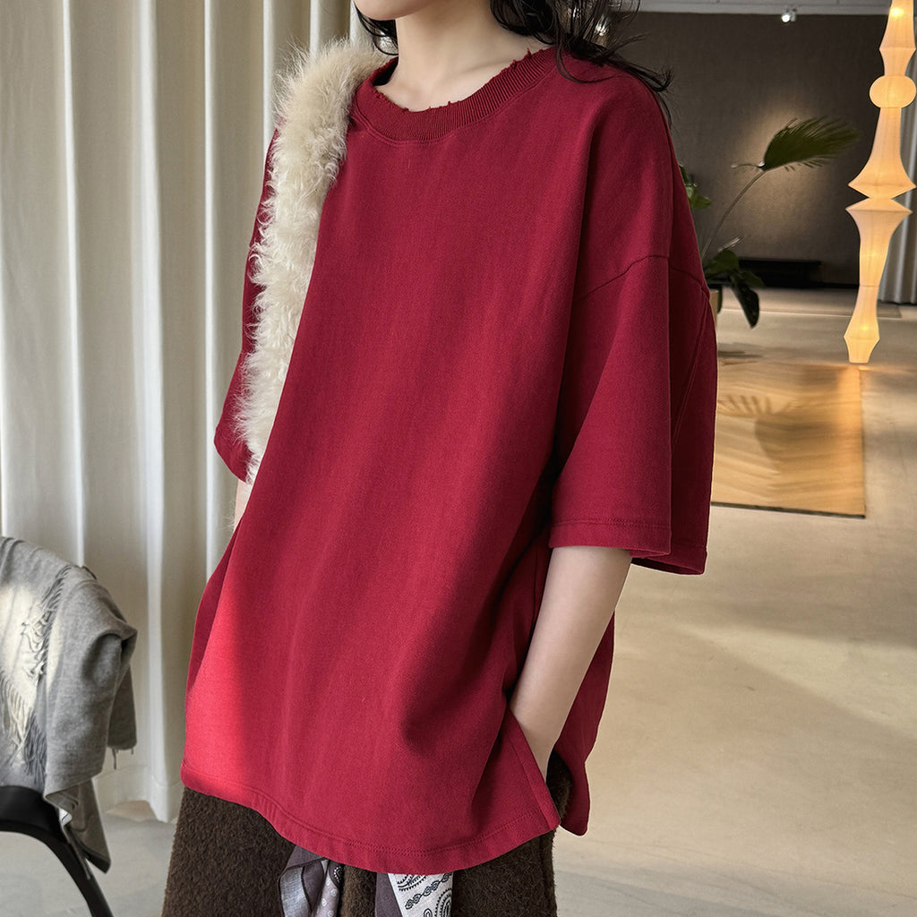 Round neck off shoulder oversized fleece T-shirt short sleeved loose fit top