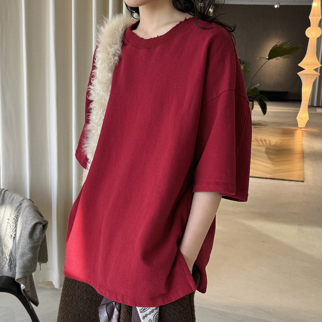Round neck off shoulder oversized fleece T-shirt short sleeved loose fit top