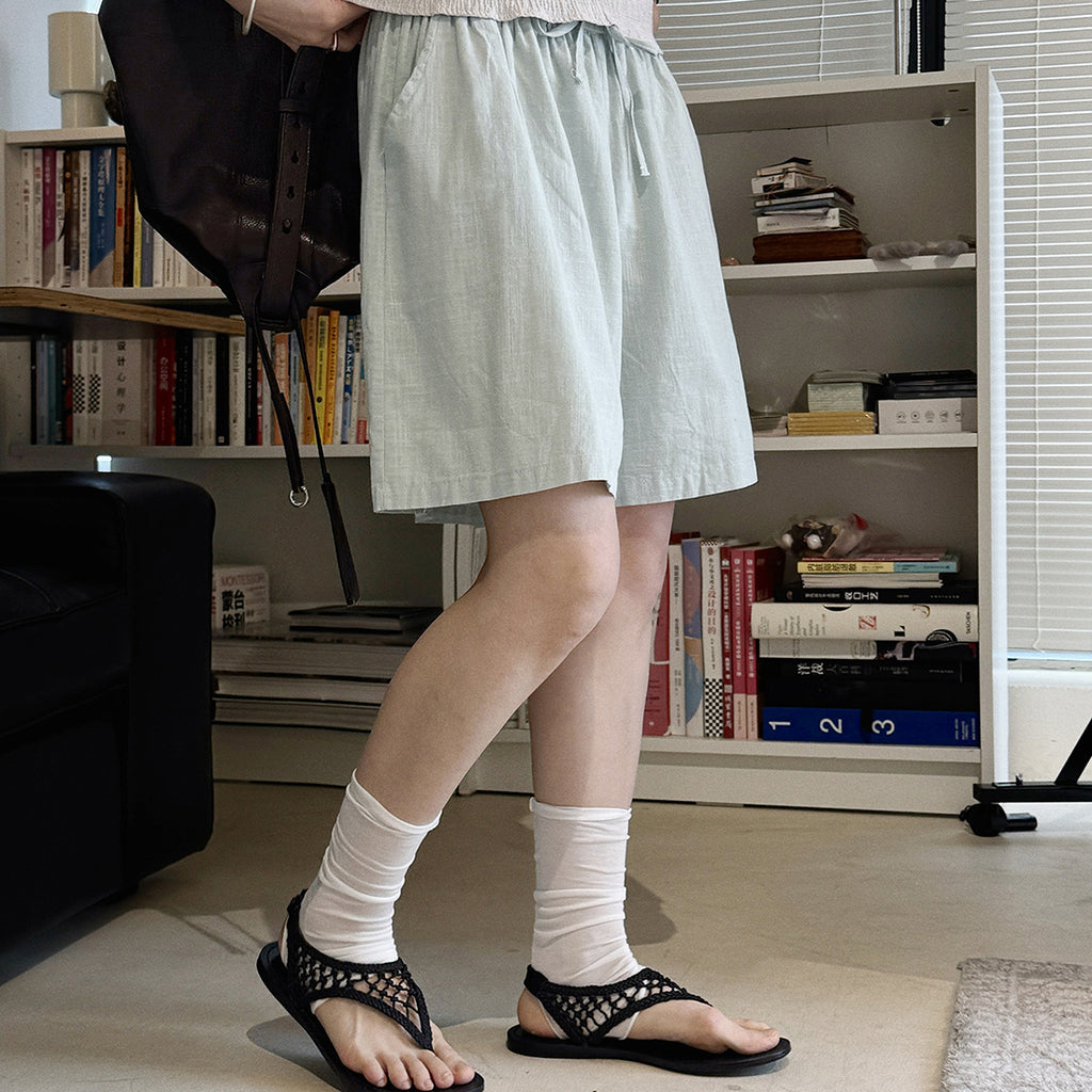 High Waist Linen Cotton Drawstring Bermuda Shorts - Multiple Colors