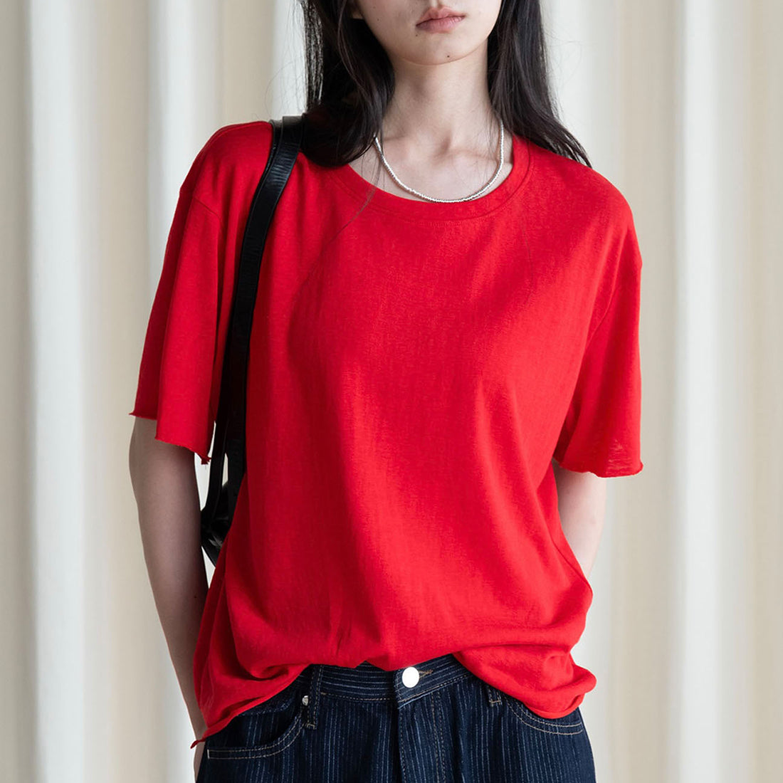 Round neck small rolled edge short sleeved slimming T-shirt