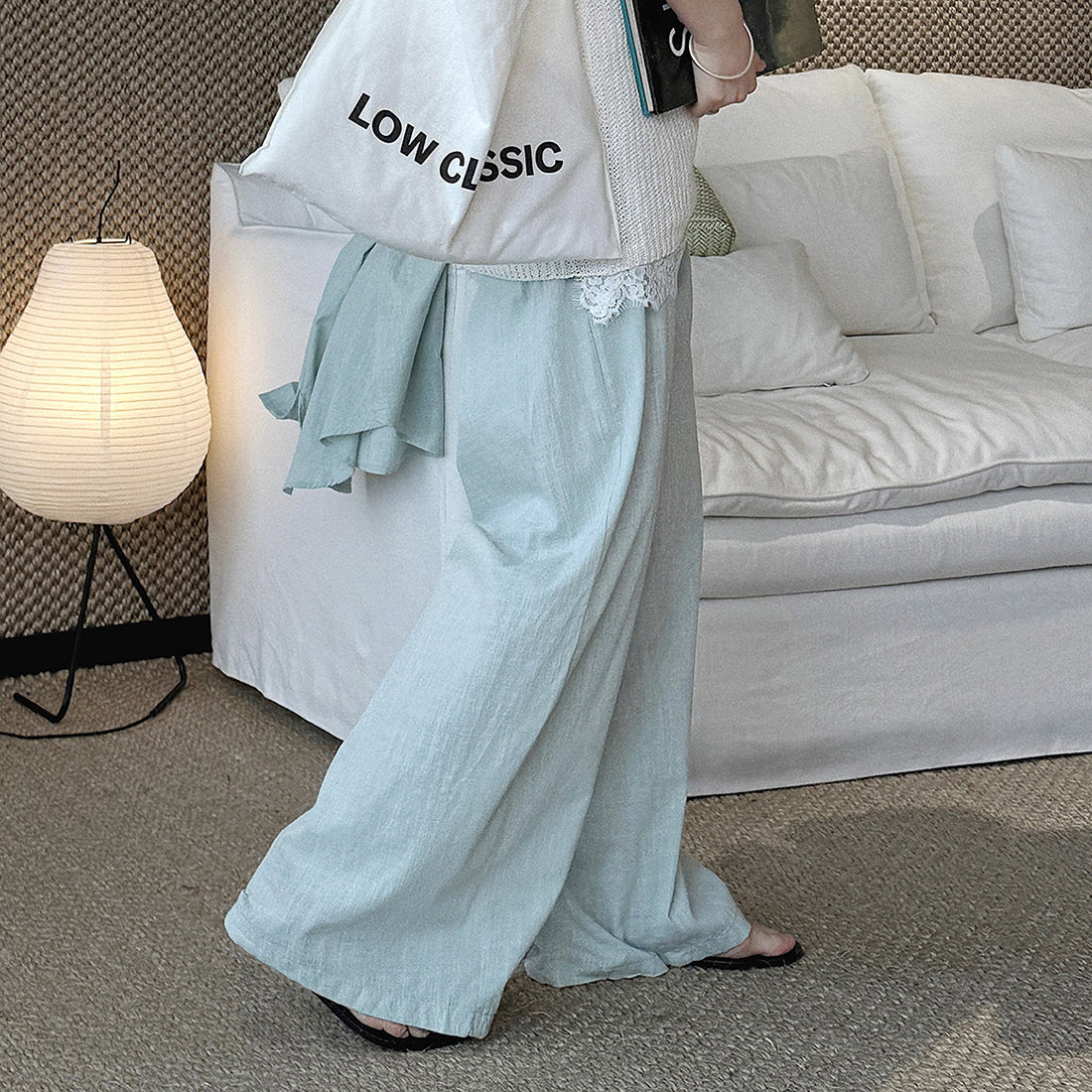 High Waist Cotton Linen Wide Leg Pants with Drawstring