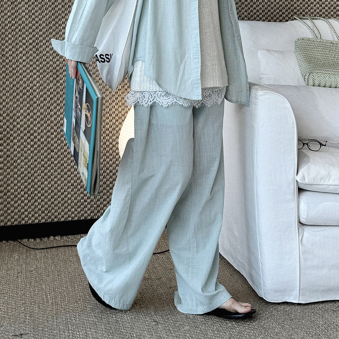 High Waist Cotton Linen Wide Leg Pants with Drawstring