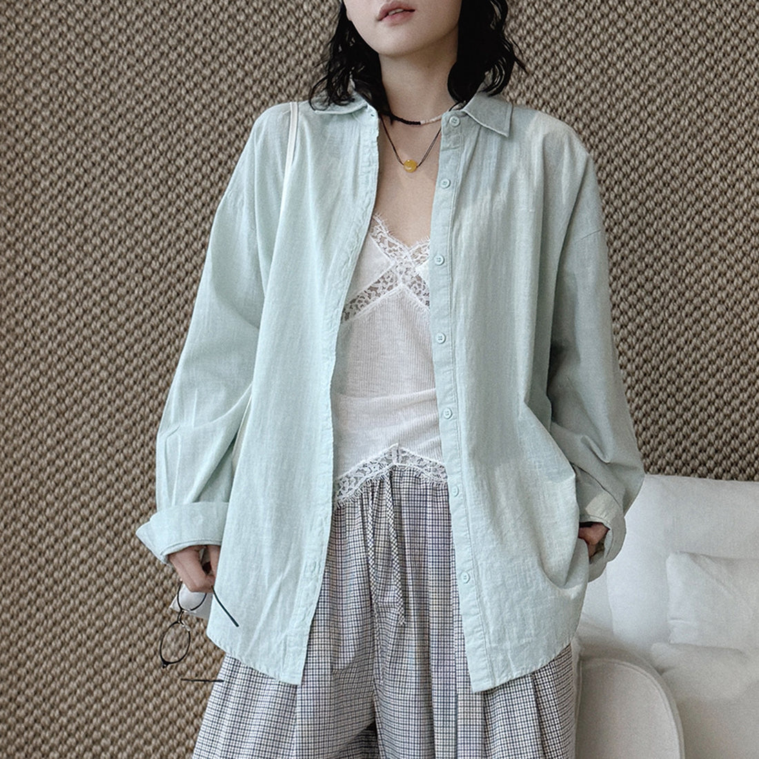 Cotton linen oversized shirt women breathable loose long sleeve casual blouse