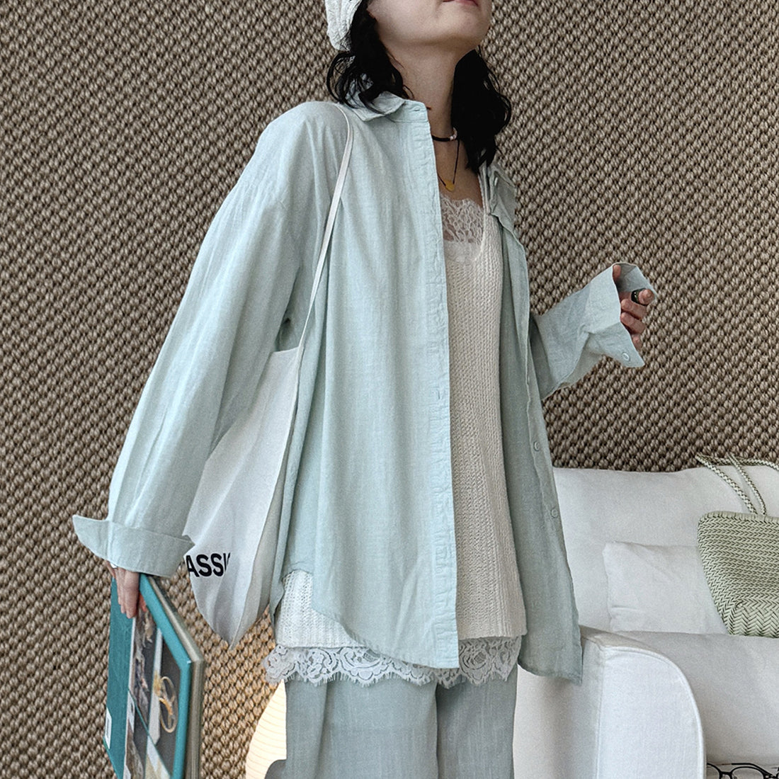 Cotton linen oversized shirt women breathable loose long sleeve casual blouse