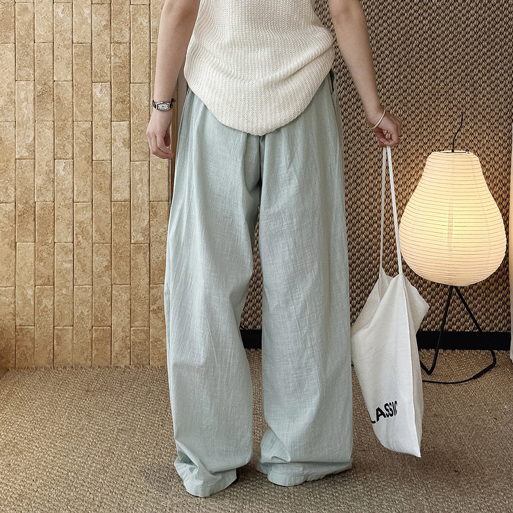 High Waist Cotton Linen Wide Leg Pants with Drawstring