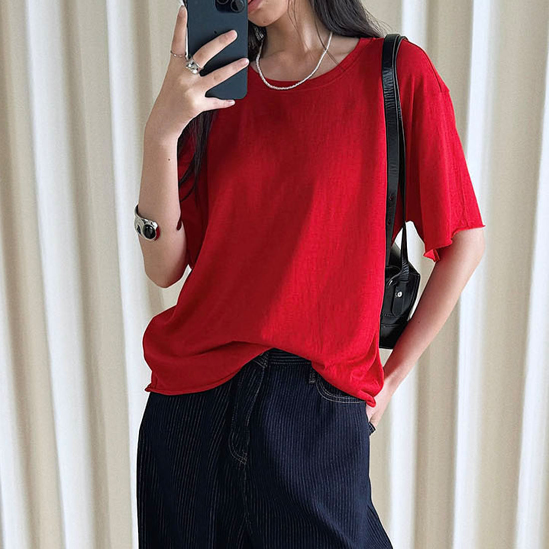 Round neck small rolled edge short sleeved slimming T-shirt