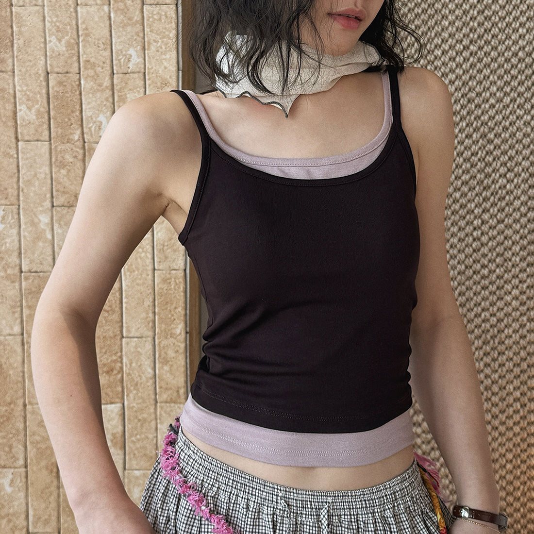 Layered slim fit tank top with stretch fabric and contrast trim