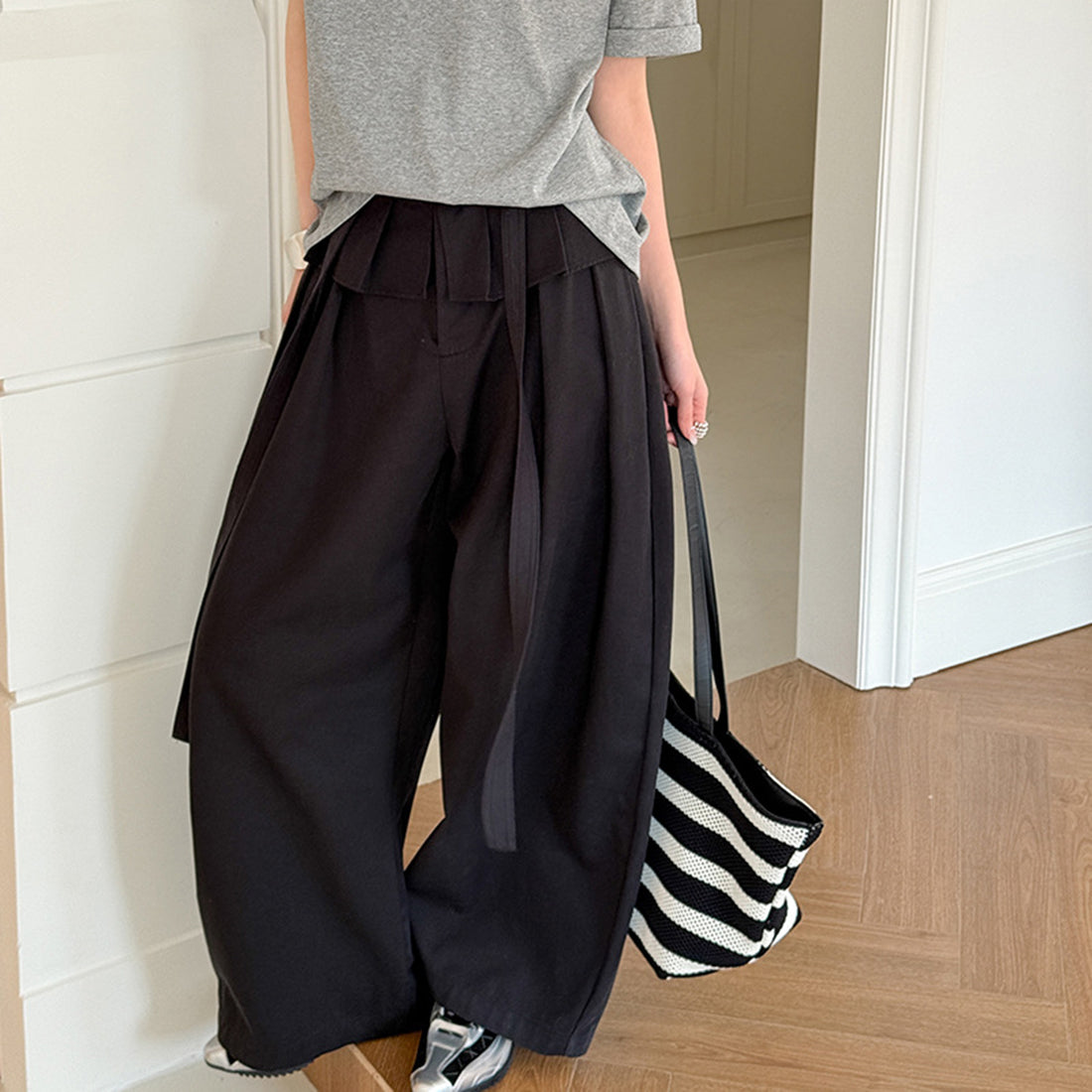 High waist pleated wide leg pants women loose drape trousers with tie waist