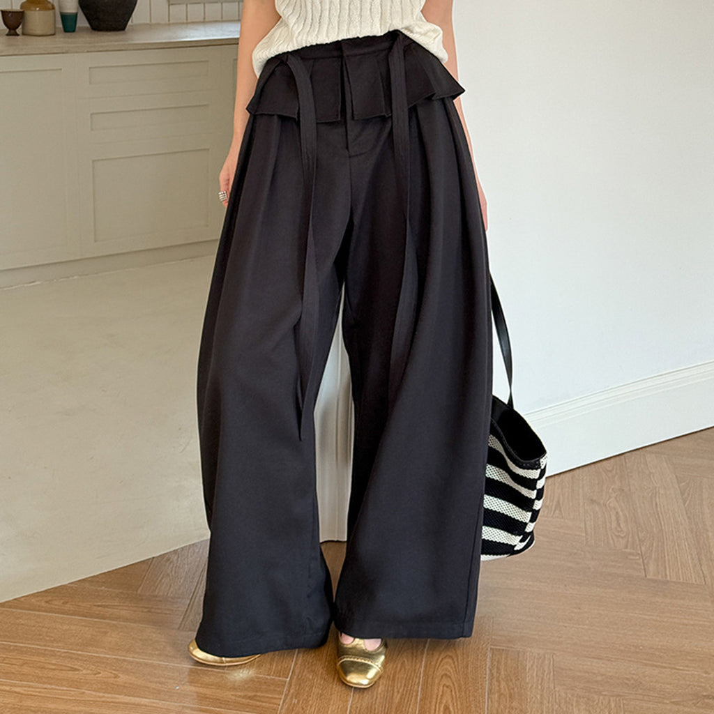 High waist pleated wide leg pants women loose drape trousers with tie waist