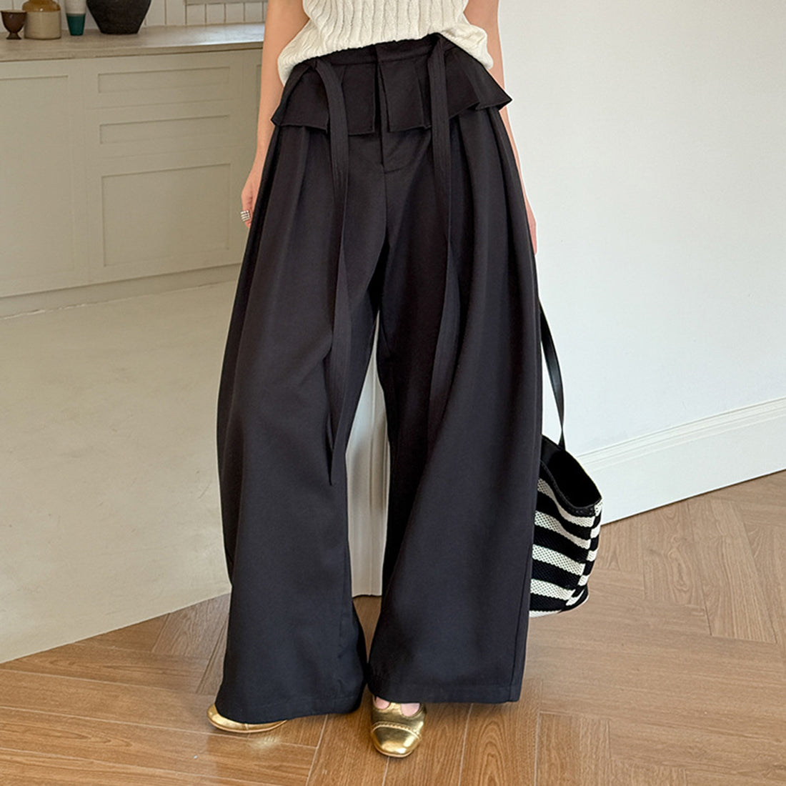 High waist pleated wide leg pants women loose drape trousers with tie waist