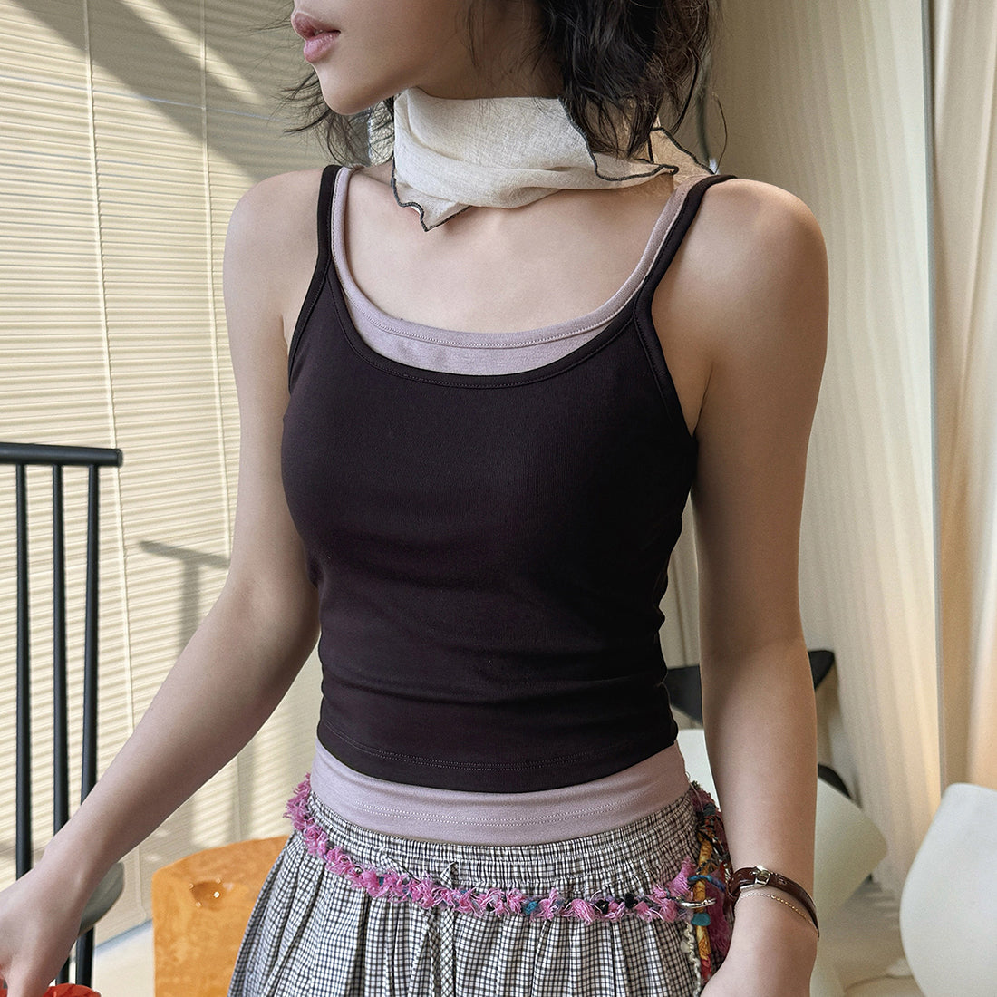 layered tank top slim fit stretchy camisole contrast trim sleeveless top