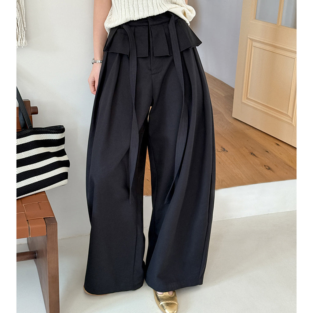 High waist pleated wide leg pants women loose drape trousers with tie waist