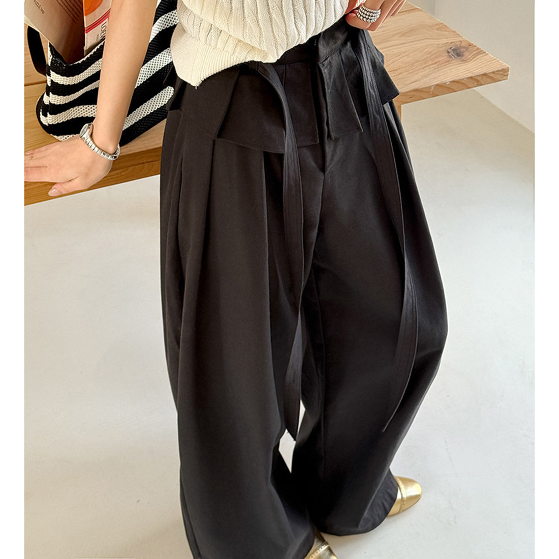High waist pleated wide leg pants women loose drape trousers with tie waist