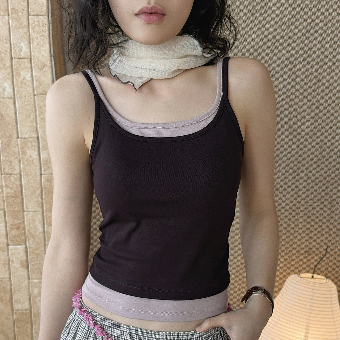 layered tank top slim fit stretchy camisole contrast trim sleeveless top