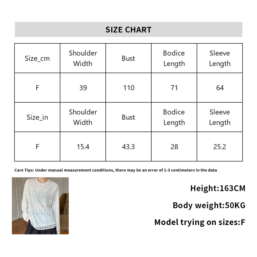 Round neck lace knitted hollow out long sleeved top